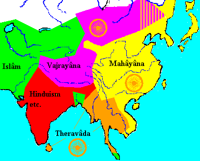 The three main schools of Buddhism: Theravada, Mahayana and Vajrayana.